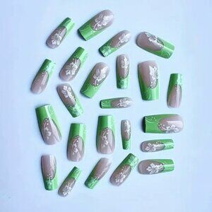 24 Green White Flower Nails Press On Style Kit Fake Glam Vacation Tropical